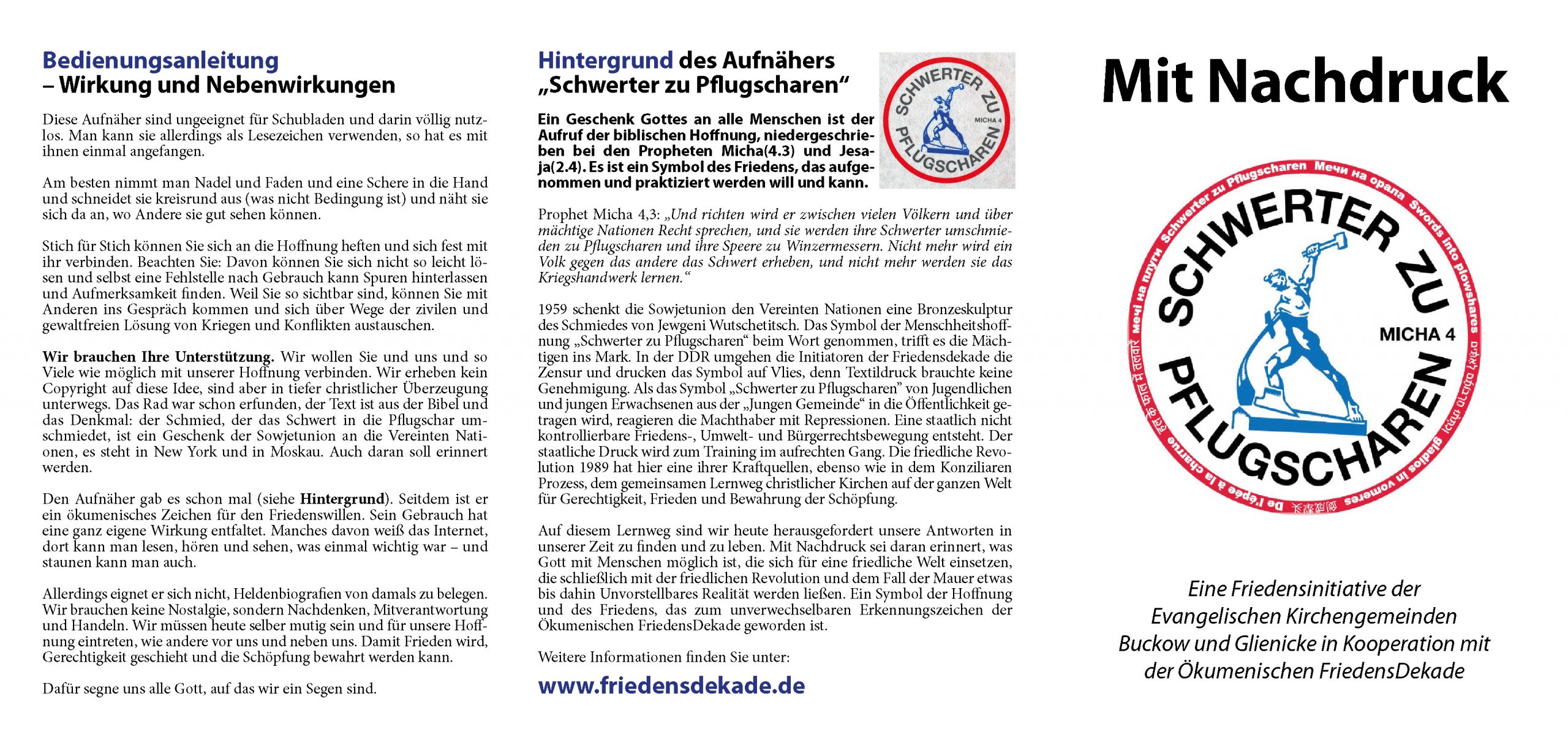 Aufnäher "Schwerter zu Pflugscharen" - Zeichen setzen gegen den Krieg! (10 Stück)