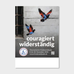 Offizielles Plakat der FriedensDekade 2026. Motiv von Olaf Warburg: Friedenstauben durchbrechen Gitterstäbe. Ideal für Kirchen & Friedensgruppen.